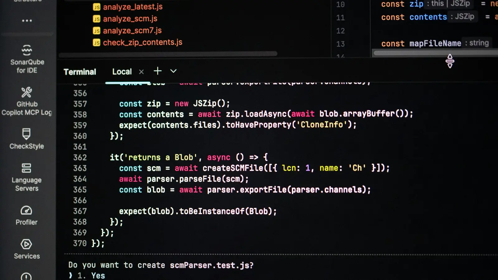 A dark code editor showing JavaScript, tests, and a terminal