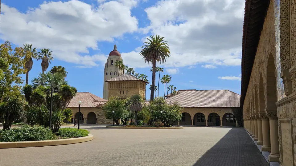 Arcades and tiled roofs on the Stanford University campus.