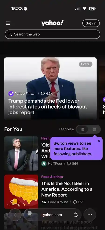 Full mobile screenshot of Yahoo US showing search, a large lead story and the For You feed